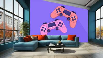 Controller joystick lofi wallpaper. Retro game consoles 2D objects cartoon flat illustration. Playing videogame together. Two players gamepads chill vector art, lo fi aesthetic colorful background Wall mural