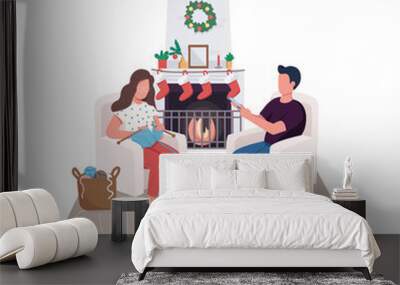 Couple at home fireplace flat color vector faceless characters. Boyfriend, girlfriend sit in armchairs. Christmas holiday season isolated cartoon illustration for web graphic design and animation Wall mural