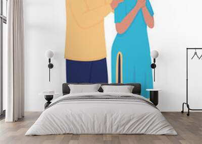 Disturbed husband and wife semi flat color vector characters. Standing figures. Full body people on white. Sideways hug isolated modern cartoon style illustration for graphic design and animation Wall mural