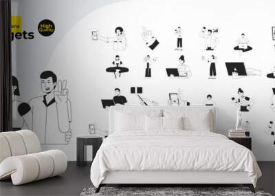 Diverse people using gadgets black and white cartoon flat illustration bundle. Selfie taking, typing laptop, holding phone 2D lineart characters isolated. Monochrome vector outline image collection Wall mural