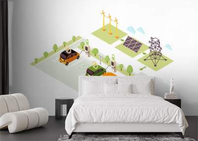 Electric vehicle charge station isometric color vector illustration Wall mural