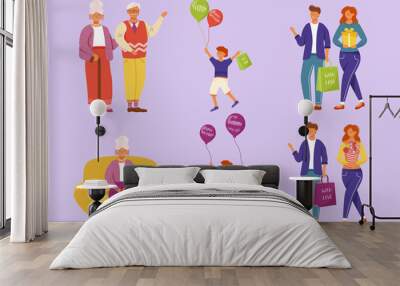 Family birthday party flat vector illustrations set. Grandpa, grandma happy anniversary day. Adult children and grandson congratulate grandparents isolated cartoon characters Wall mural