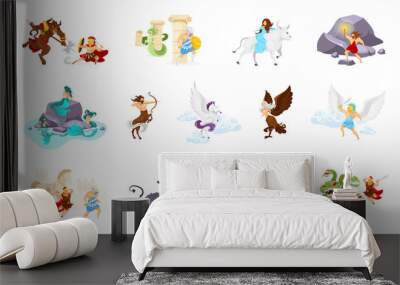 Greek mythology flat vector illustrations set. Minotaur and Theseus. Medusa and Perseus. Abduction of Europa. Cerberus. Trojan war. Beast and fighters. Heroes and creatures isolated cartoon characters Wall mural