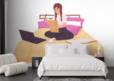 Happy girl doing home assignment with laptop in bed semi flat color vector character. Editable figure. Full body person on white. Simple cartoon style illustration for web graphic design and animation Wall mural