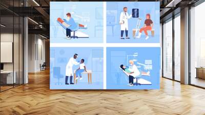 Healthcare service and patient examination flat color raster illustrations set. Medical staff and patients 2D simple cartoon characters with clinic office interior on background pack Wall mural