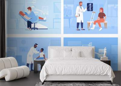 Healthcare service and patient examination flat color vector illustrations set. Medical staff and patients 2D simple cartoon characters with clinic office interior on background pack Wall mural