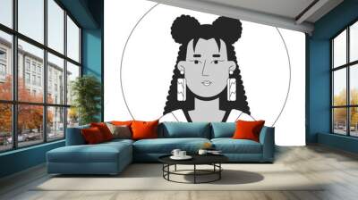 Hispanic curly hair woman in hoodie black and white 2D avatar illustration. Latina female with large earrings outline vector character face isolated. Round frame user profile image portrait Wall mural