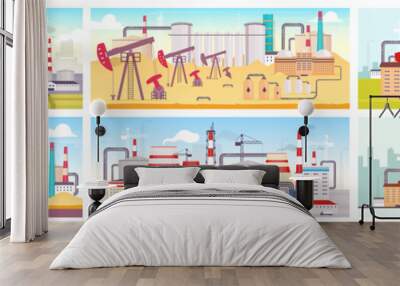 Industrial sites flat color vector illustrations set. Oil refinery, nuclear power station and manufacturing plant 2D cartoon landscapes. Facilities for natural resources mining and exploitation Wall mural