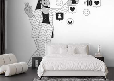 Influencer selfie girl surrounded by likes follows black and white 2D illustration concept. Latina posing with phone cartoon outline character isolated on white. Popularity metaphor monochrome vector Wall mural