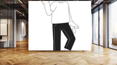 Joyful muslim man monochromatic flat vector character. Peace sign. Hand gesture. Editable thin line full body person on white. Simple bw cartoon spot image for web graphic design Wall mural