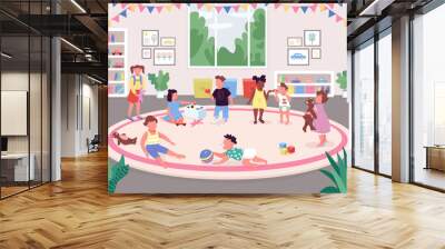 Kindergarten room flat color vector illustration. Children play in recreation room 2D cartoon faceless characters with toys, bookshelves, pink carpet and big window on background Wall mural