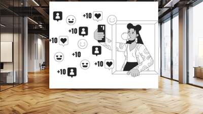 Latina girl taking selfie for social media black and white 2D line cartoon character. Hispanic woman smartphone isolated vector outline person. Fashion influencer monochromatic flat spot illustration Wall mural