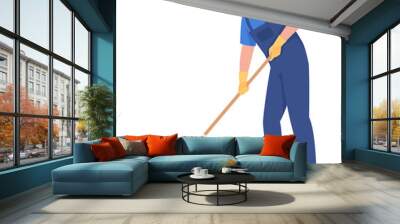 Male janitor properly mopping floor semi flat color vector character. Cleaner. Editable figure. Full body person on white. Simple cartoon style illustration for web graphic design and animation Wall mural