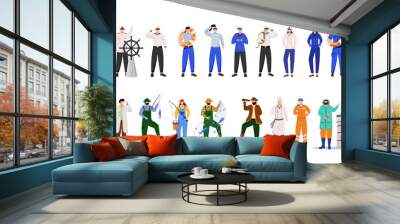 Maritime professions flat vector illustration. Sailors in uniform. Marine occupation. Nautical career. Cruise service. Ship team isolated cartoon characters on white background Wall mural