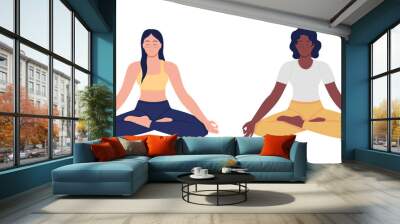 Meditating woman semi flat color vector character set. Sitting figure. Full body person on white. Calm lady isolated modern cartoon style illustration for graphic design and animation pack Wall mural