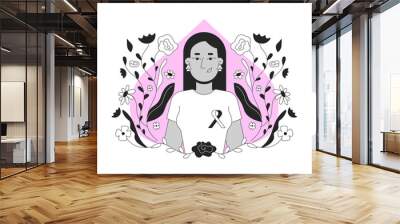 Middle eastern woman promoting breast cancer awareness black and white 2D illustration concept. Mammogram campaign. Turkish female with ribbon outline character isolated. Metaphor monochrome vector Wall mural