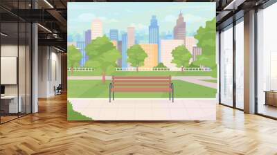 Municipal park flat color vector illustration. Green space to residents. Open lawn space. Public place for relaxation and running 2D simple cartoon landscape with city on background Wall mural