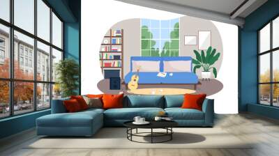 Musician home studio 2D vector web banner, poster. Guitar for composing music. Living room of guitarist flat scene on cartoon background. Residential apartment printable patch, colorful web element Wall mural