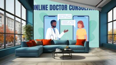 Online doctor consultation flat vector banner template. Telecommunication with therapist poster, leaflet printable color designs. Editable flyer page with text space. Anton Regular font used Wall mural