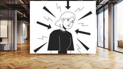 Overthinking disorder bw concept vector spot illustration. Stressed woman under anxiety attack 2D cartoon flat line monochromatic character for web app UI design. Editable outline hero image Wall mural