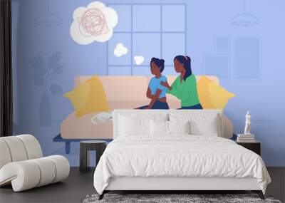 Parent support sad teenage girl 2D vector isolated illustration. Depressed child with mother sit on couch. Family at home flat characters on cartoon background. Teenager problem colourful scene Wall mural