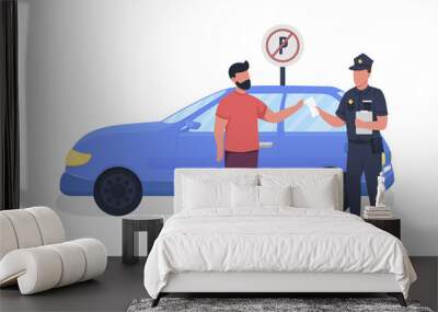 Policeman giving parking fine semi flat color vector characters. Full body people on white. Parking enforcement officer isolated modern cartoon style illustration for graphic design and animation Wall mural