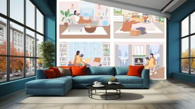 Reading at home flat color vector illustration set. Relaxing at home with book. Woman sitting on sofa with blanket. Resting indoors 2D cartoon characters with home interior on background collection Wall mural