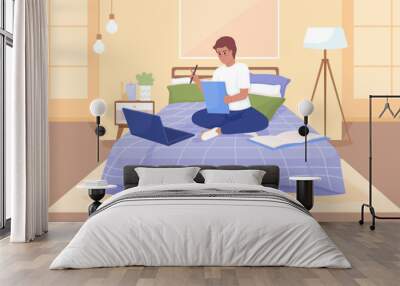 Remote education flat color vector illustration. Online public school. Happy boy doing assignment comfortably in bed. Fully editable 2D simple cartoon characters with bedroom on background Wall mural