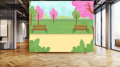 Spring park flat color vector illustration. City street with blossoming trees. Blooming flowers. Public garden street, sidewalk with benches. Springtime 2D cartoon cityscape with skyline on background Wall mural