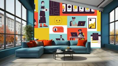 Telework people bento grid illustration set. Working from home 2D vector image collage design graphics collection. Telecommuting adults. Multinational freelancers flat characters moodboard layout Wall mural