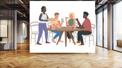 Visit fast food restaurant with friends semi flat color vector characters. Full body people on white. Dinner party isolated modern cartoon style illustration for graphic design and animation Wall mural