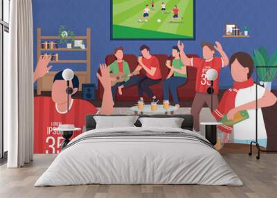 Watching football game with friends flat color vector illustration. Sport lovers special active hobby. Team winning match. Time with family 2D cartoon characters with home on background Wall mural