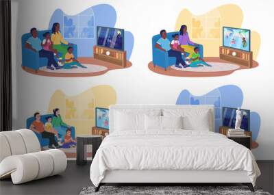 watching tv with family 2d vector isolated illustration set. parents with children sitting on couch  Wall mural