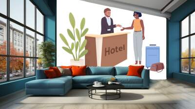 Woman booking room in hotel semi flat color vector characters. Receptionist giving keys to guest. Editable people on white. Simple cartoon style illustration for web graphic design and animation Wall mural