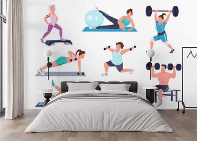 Working out people flat color vector faceless characters set. Different physical exercises isolated cartoon illustrations on white background. Fitness at home. Bodybuilding, yoga and pilates Wall mural