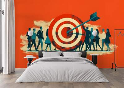 an arrow is on a target icon and lot of company workers working around it. target goal concept	 Wall mural