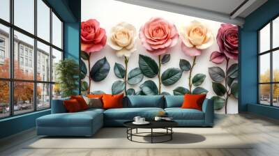 collection of pink, red, cream color rose flowers with leaves on white background 
 Wall mural