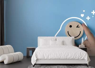 Customer review assessment quality or feedback good mood, Happy mental. Positive thinking and happy smile relax face show in wooden table with emotion happiness feed good. Wall mural