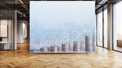 Double exposure city of coins stack for background. Financial investment and success market stock report trading graph economic growth. Business fund and currency exchange concept. Wall mural