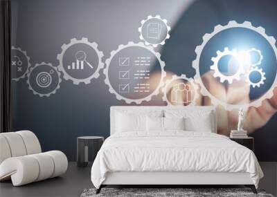 Operation management Business process control optimisation industrial technology and workflow concept. High performance, Problem solving, quality control. Hand touch gears icons. Wall mural