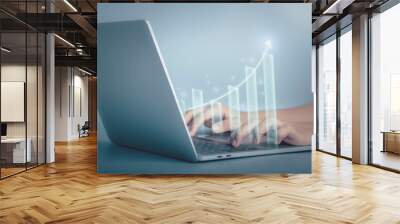 ฺBusiness growth and financial investment concept. Businessmen use laptop to analysis data economic diagram trend show graphs and arrow profit growth, Business planning and strategy success. Wall mural