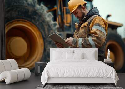 A civil engineer logging data with ipad standing beside industrial grader wheels at road construction site : Generative AI Wall mural