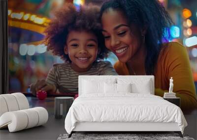 A cute AfricanAmerican child with afro curls with her mother playing air hockey at an amusement park and carousel on her day off in the evening : Generative AI Wall mural