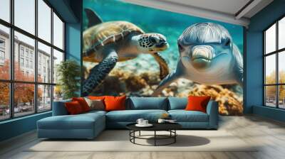 A Dolphin and Sea Turtle Underwater portrait close up while looking at you : Generative AI Wall mural