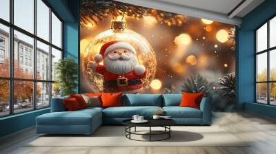 a glass Christmas ornament featuring a small Santa Claus figurine : Generative AI Wall mural