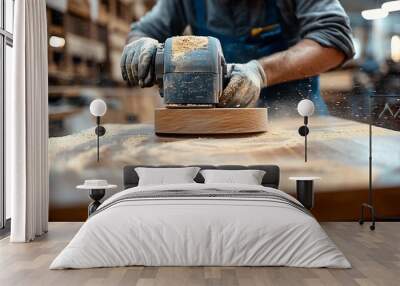 A male carpenter sands wooden furniture facades with a sanding machine at a furniture production factory wood processing concept : Generative AI Wall mural