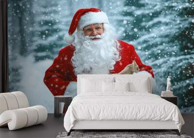 A man dressed as Santa Claus in a vibrant red suit and hat with white trim : Generative AI Wall mural