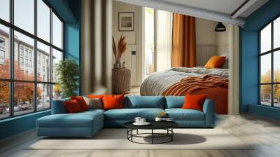 A view through an open door into a bedroom interior with rust color linen and cushions on a bed grey blanket rattan bedside table and metal wall light : Generative AI Wall mural