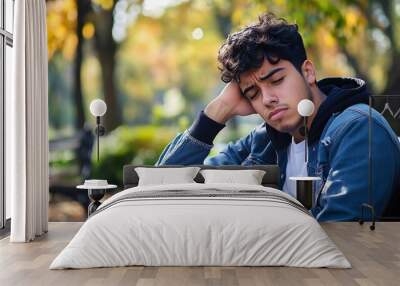 A young hispanic man in casual attire appears stressed while sitting on a park bench outdoors : Generative AI Wall mural