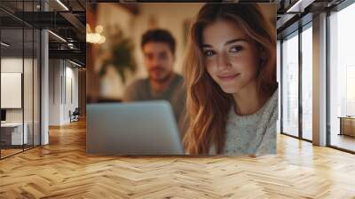 Adult woman wife girlfriend work from home on laptop while man boyfriend husband help and support her : Generative AI Wall mural